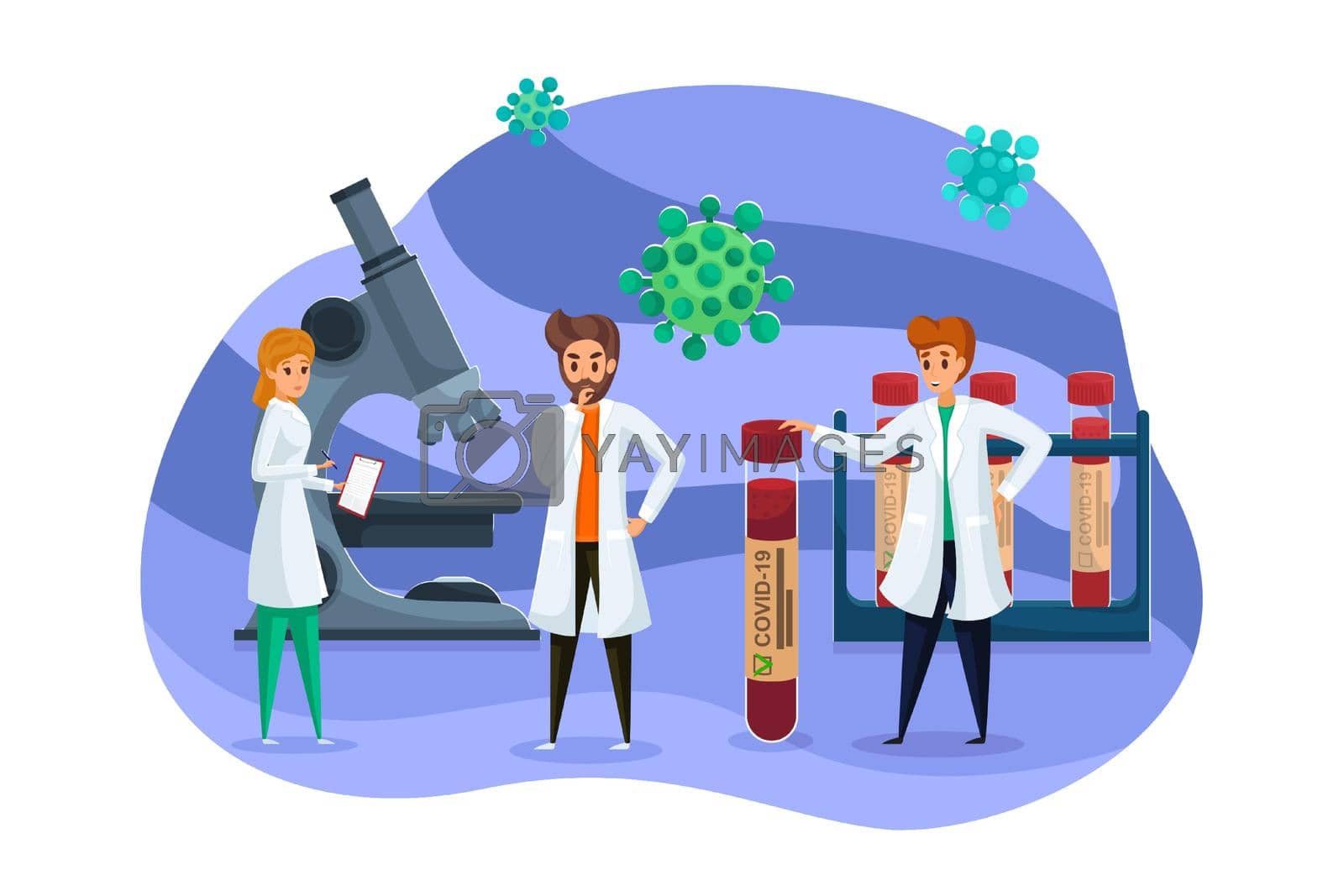 Science, vaccination, coronaviru, medicine, team, healthcare concept. Group of men women scientists doctors make laboratory research finding vaccine from covid19. Medical cure from dangerous bacteries