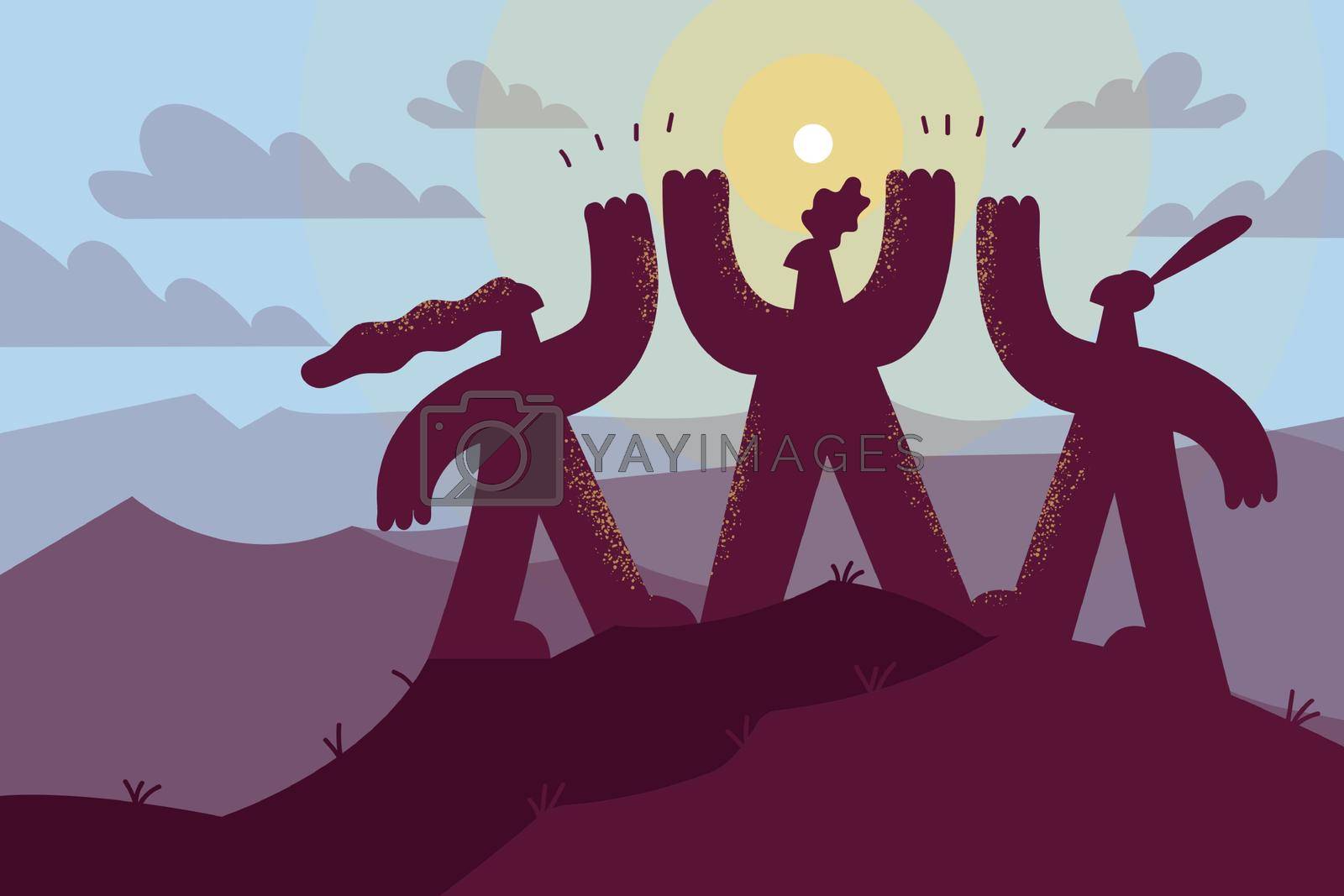 Business teamwork, partnership, cooperation concept. Business group standing on mountain top with raised hands feeling unity and success vector illustration 