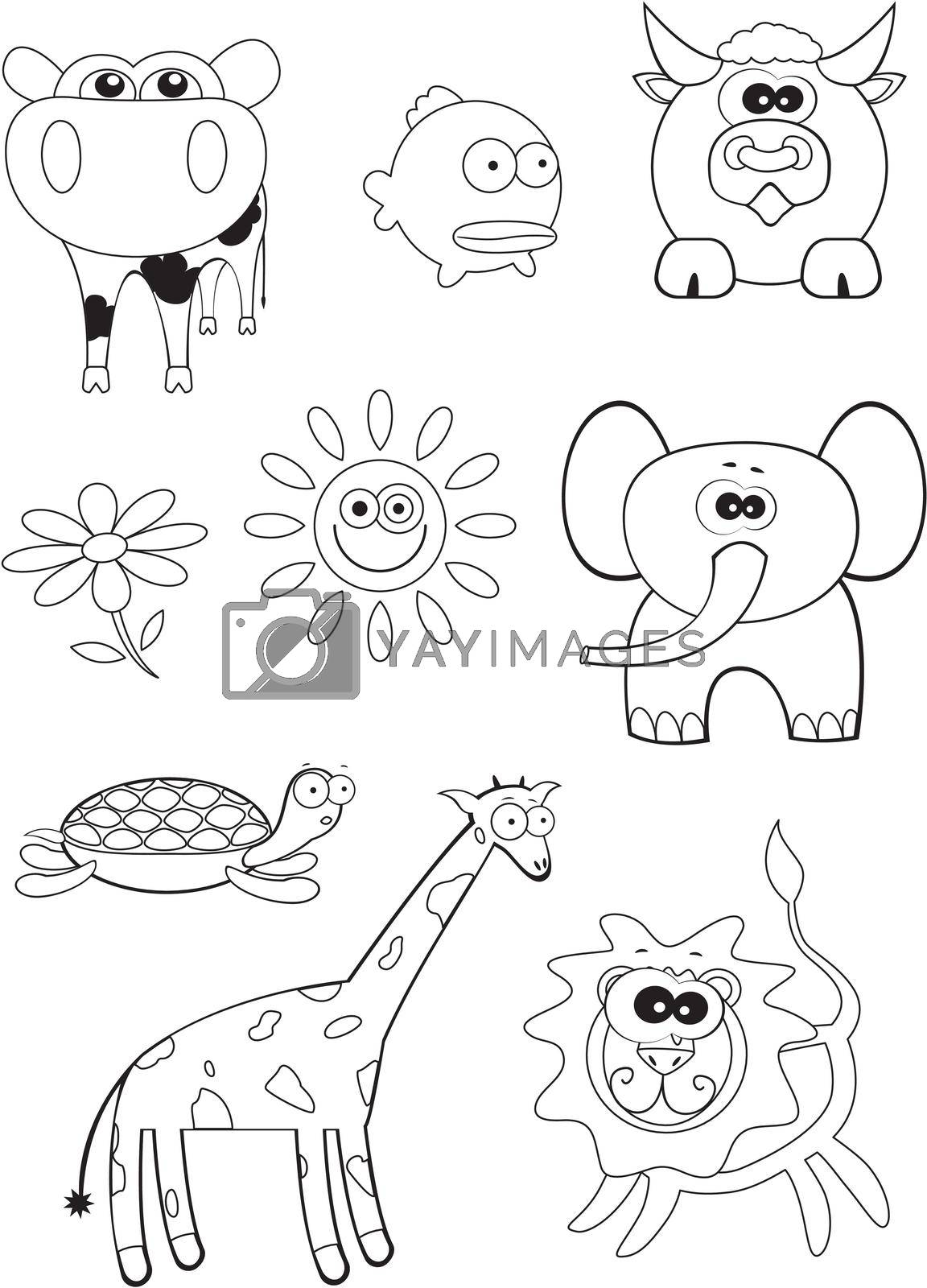 Cartoon goggle-eyed animals coloring book for children. Vector print ready A4 page