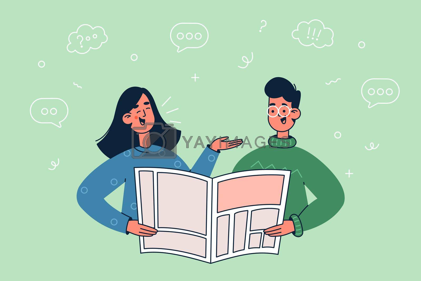 Reading news concept. Young smiling woman and man colleagues of friends cartoon characters reading and discussing news in newspaper together during meeting vector illustration