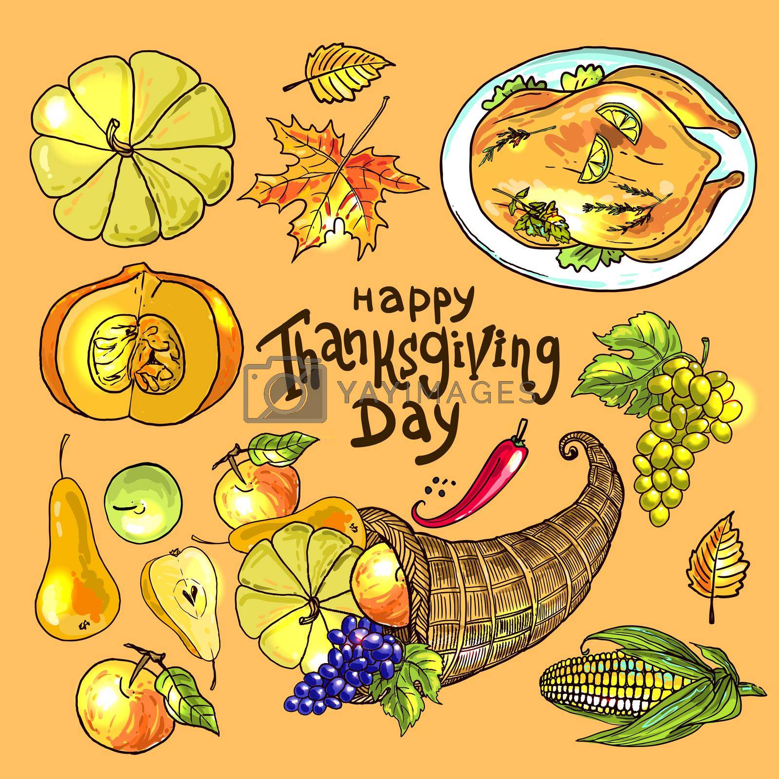 Beautiful vector hand drawn illustration thanksgiving food