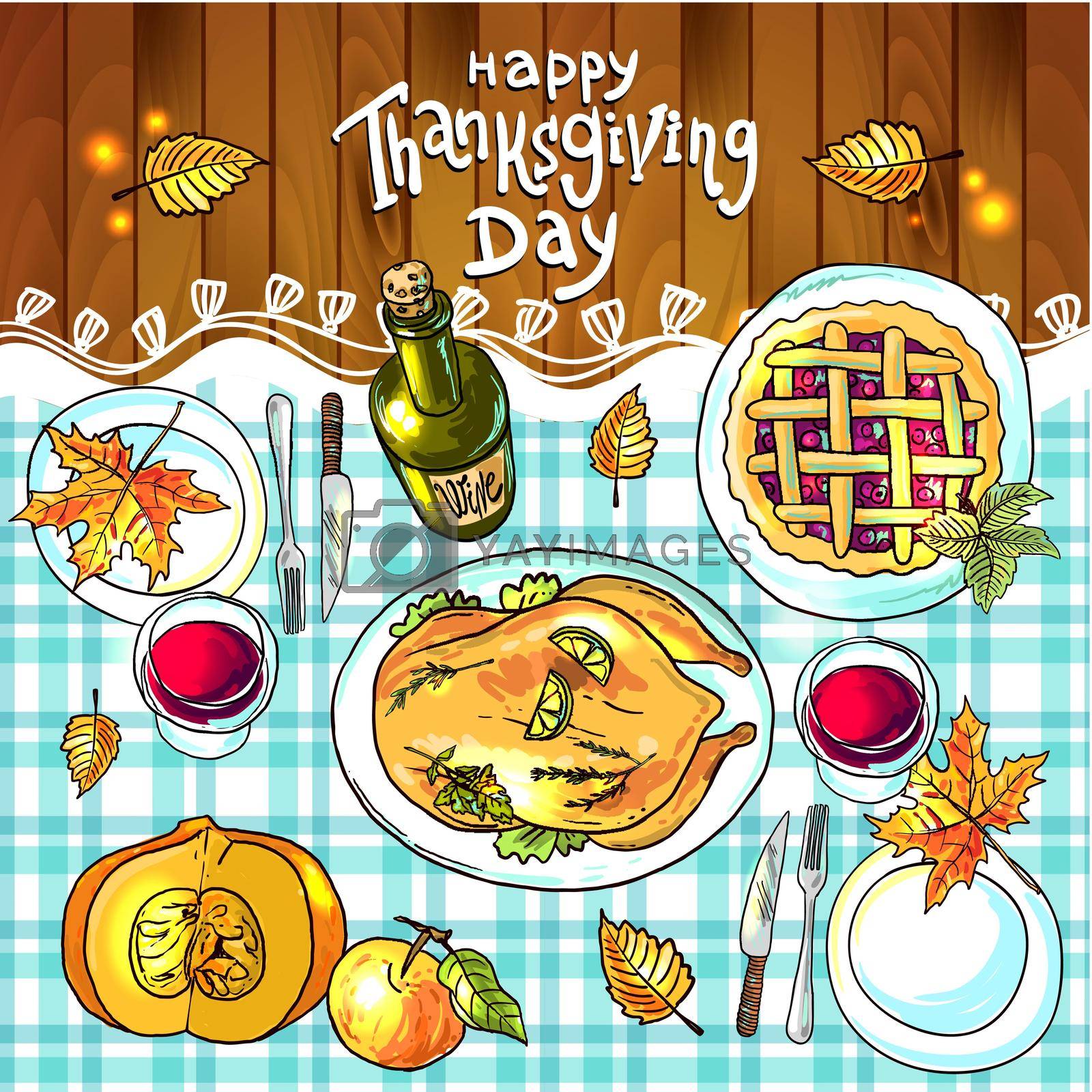 Beautiful vector hand drawn illustration thanksgiving dinner
