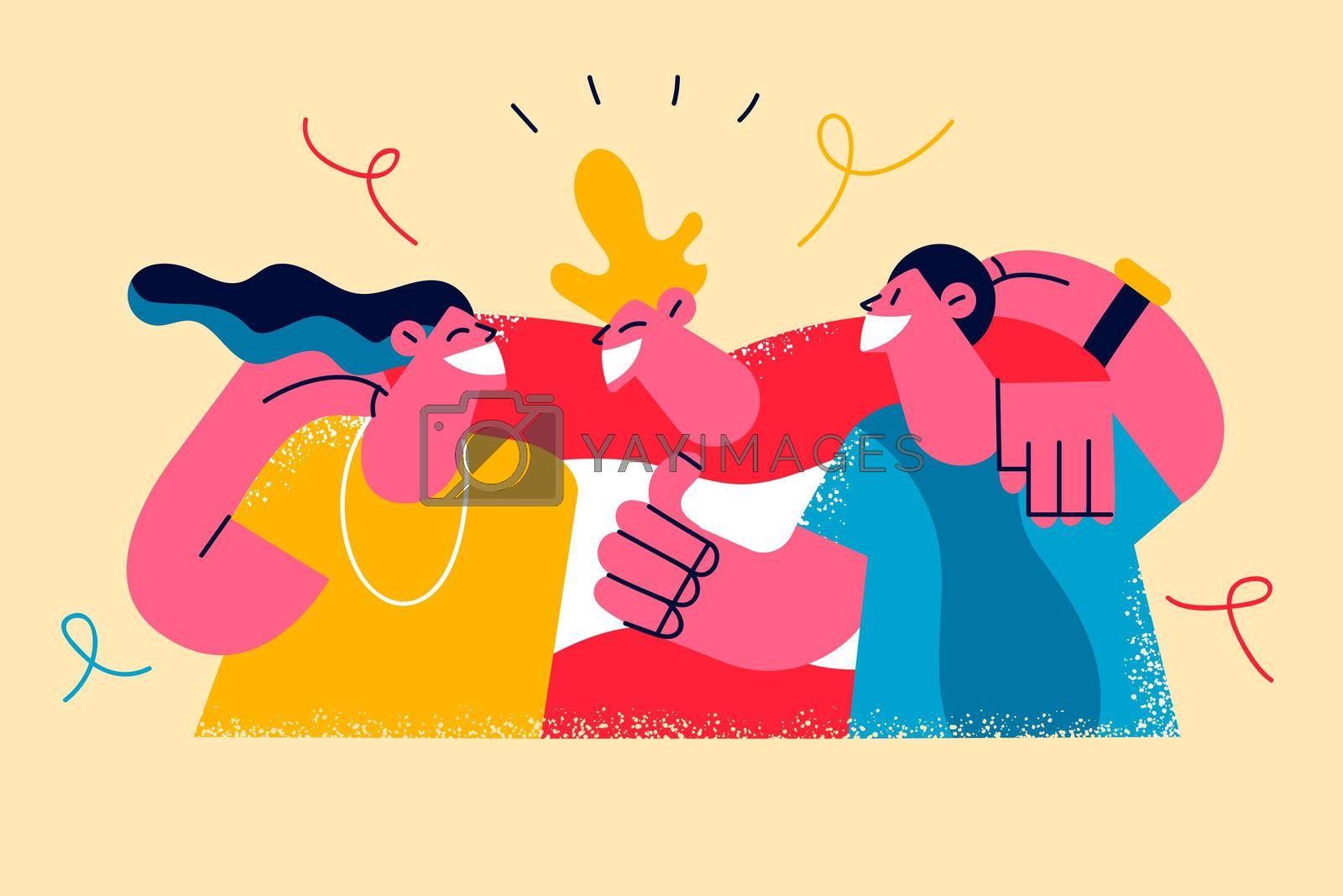 Happy friendship day celebration concept. Group of young cheerful people cartoon characters standing hugging embracing feeling positive together vector illustration