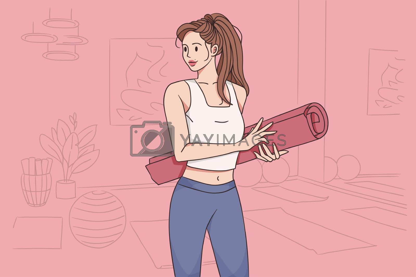 Healthy active lifestyle concept. Young positive girl cartoon character standing and holding fitness mat for sport workout at home feeling happy vector illustration