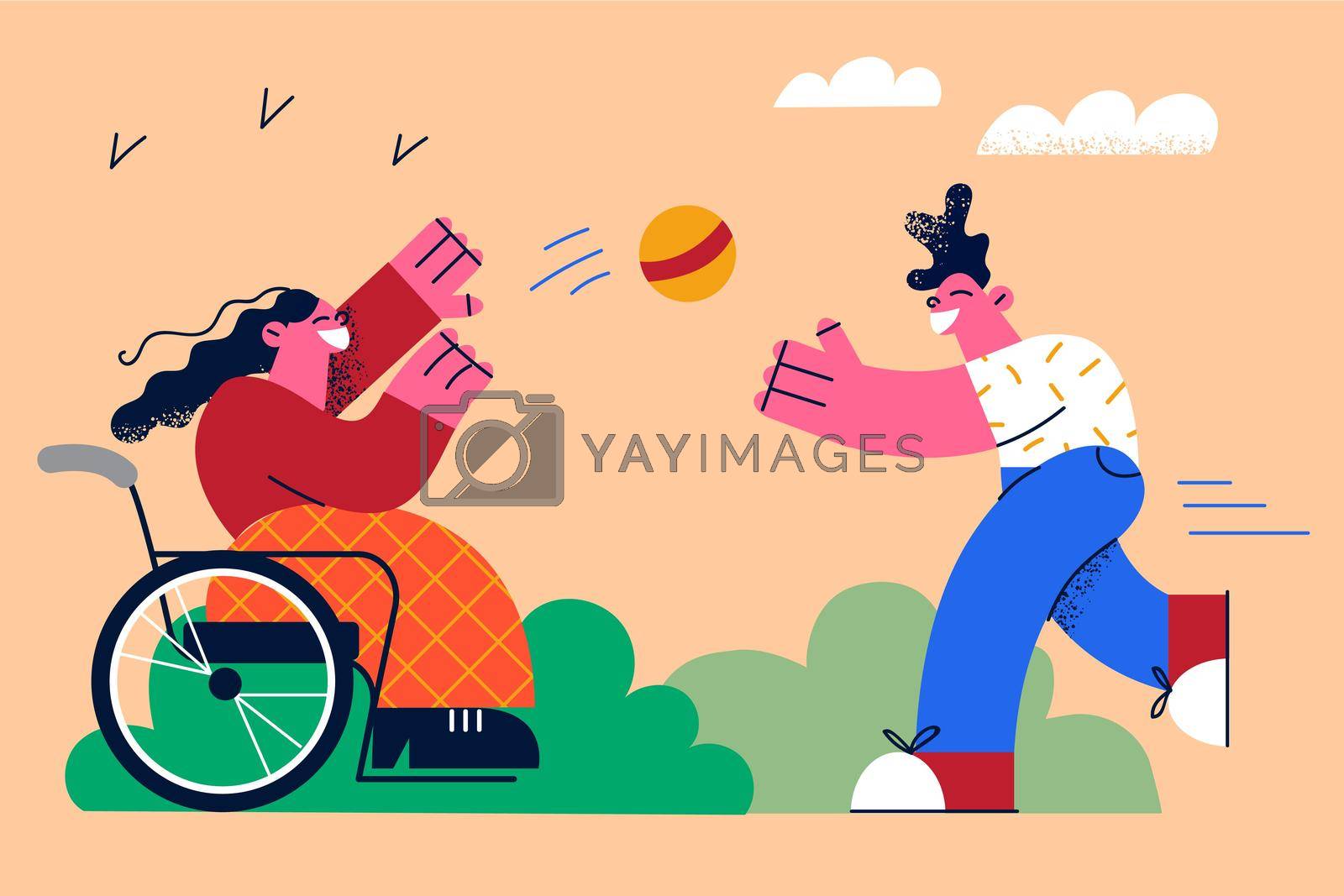 Happy lifestyle of disabled people concept. Little girl in wheelchair cartoon character playing ball with boy friend outdoors living active lifestyle vector illustration