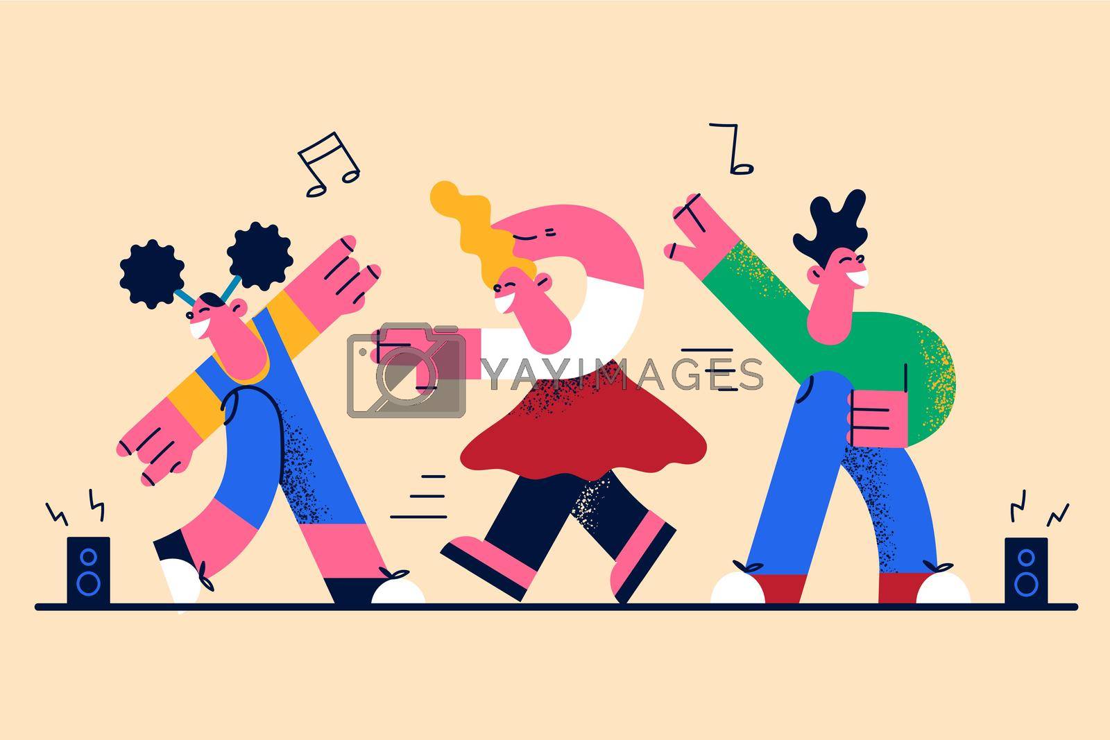 Teenager happy lifestyle outdoors concept. Group of young smiling friends teens cartoon characters dancing listening to music feeling excited and happy having fun vector illustration