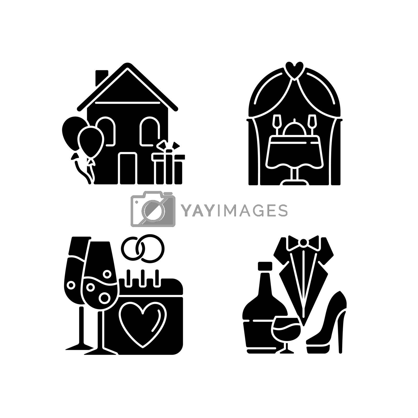 Family celebration black glyph icons set on white space. Housewarming party. Engagement date. Romantic dinner. Wedding reception. Marriage celebration. Silhouette symbols. Vector isolated illustration