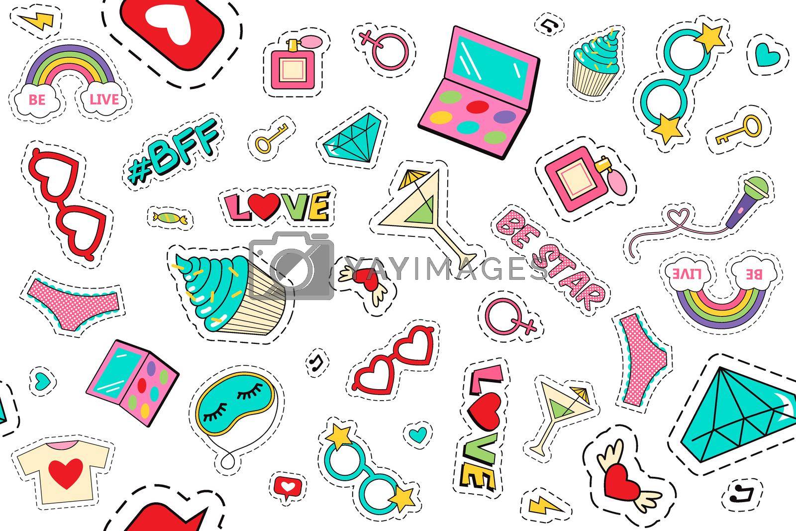 Fashion patches doodle set. Collection of funny comic girl teens colouring badges fashionable teenage fabric kawaii stickers ice cream donut diary gems. Feminine labels seamless illustration for print
