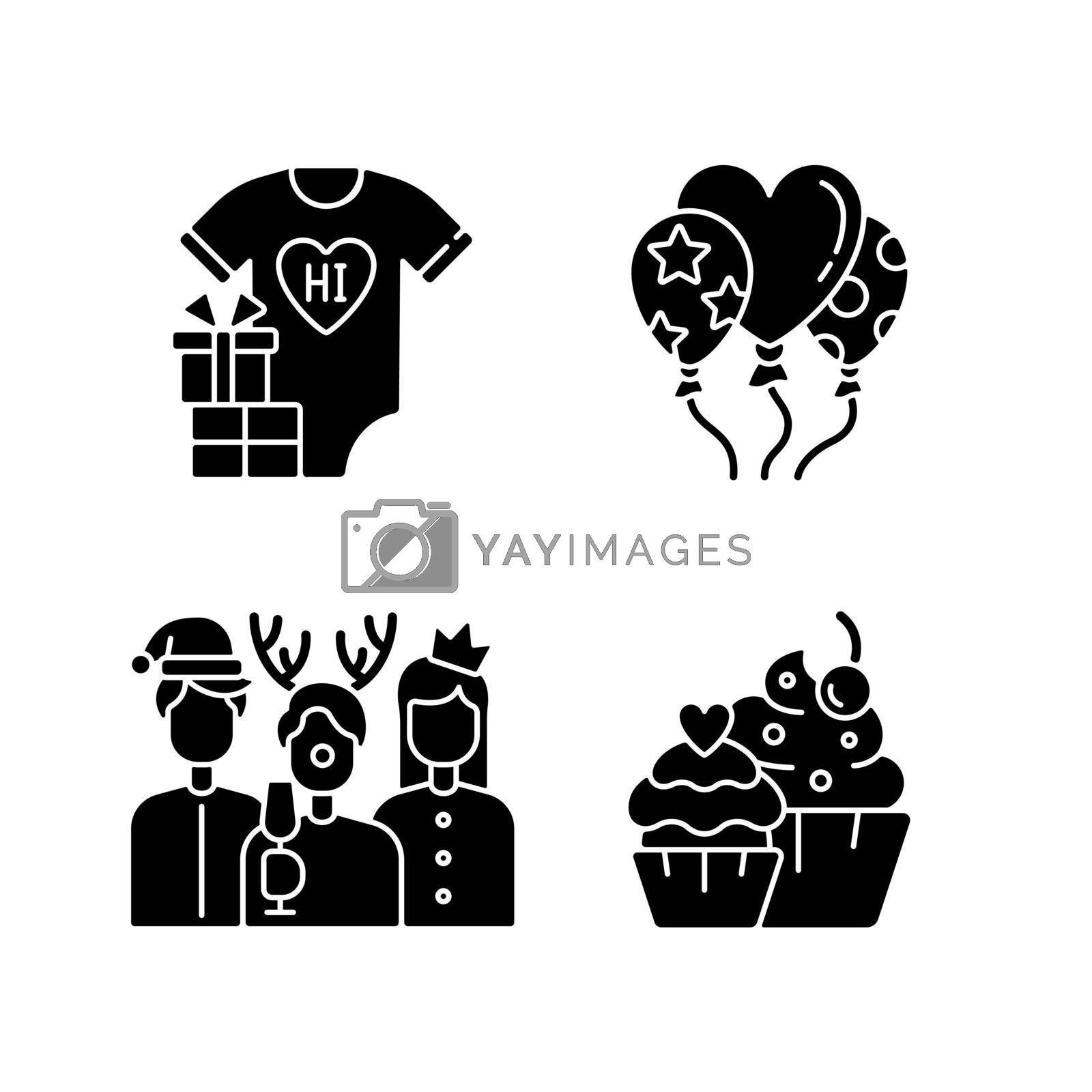 Family birthday celebration black glyph icons set on white space. Baby shower. Balloons for decoration. Christmas party with coworkers and friends. Silhouette symbols. Vector isolated illustration