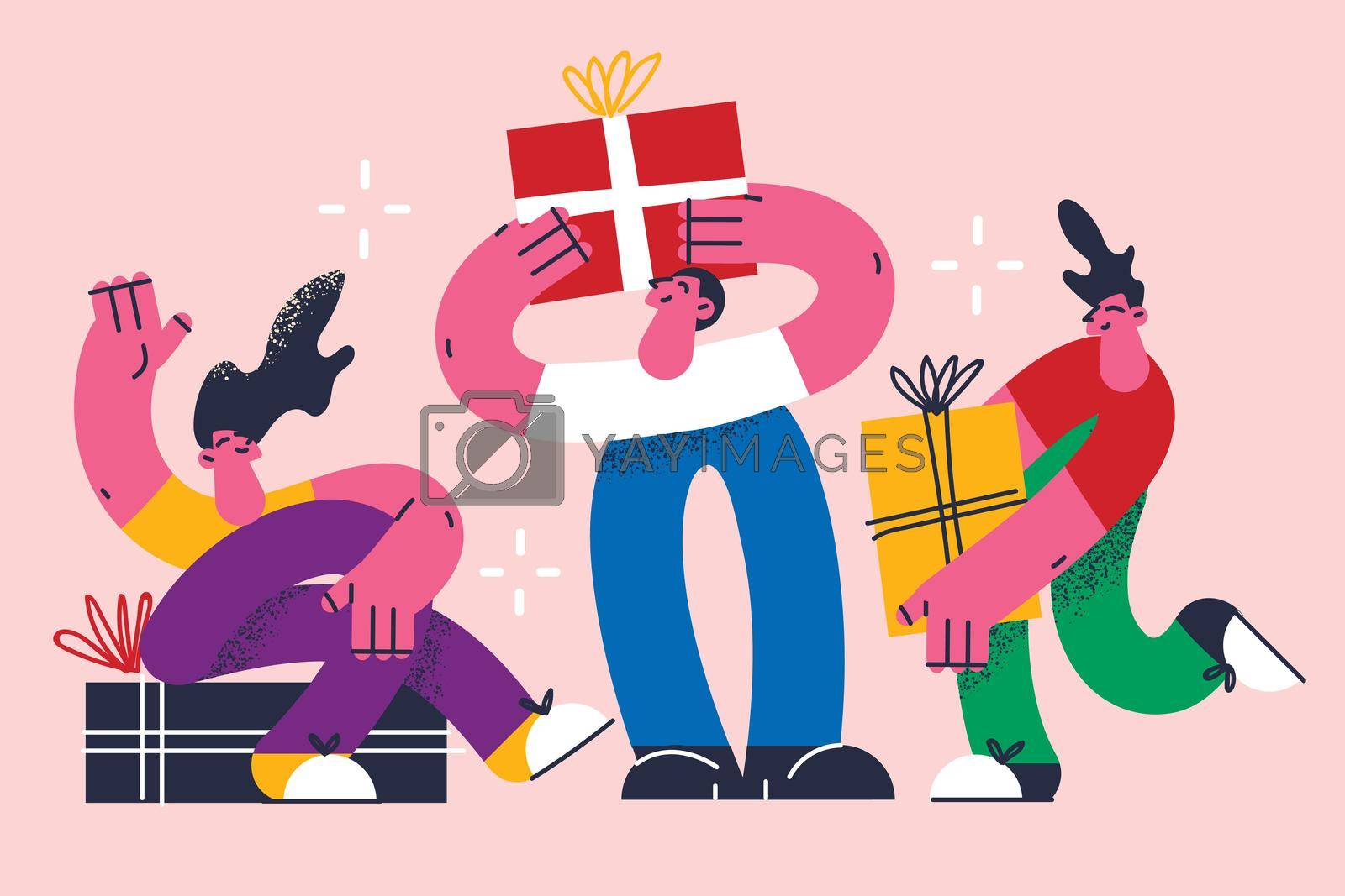 Present, holiday gift celebration concept. Group of young happy male characters holding gift boxes for presentation and celebrating events birthdays vector illustration.