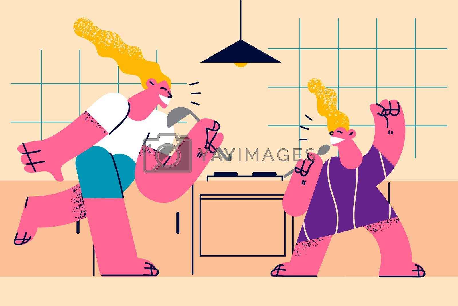 Happy mothers day celebration concept. Happy smiling child daughter and mother cooking and having fun singing in kitchen at home together vector illustration 