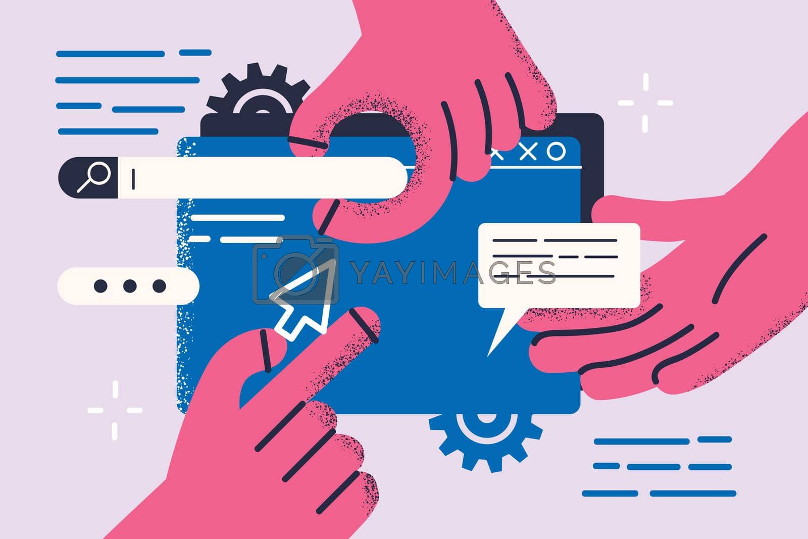 Landing page, programming, research concept. Hands of workers working on website or application, ui ux design and programming as team of designers vector illustration