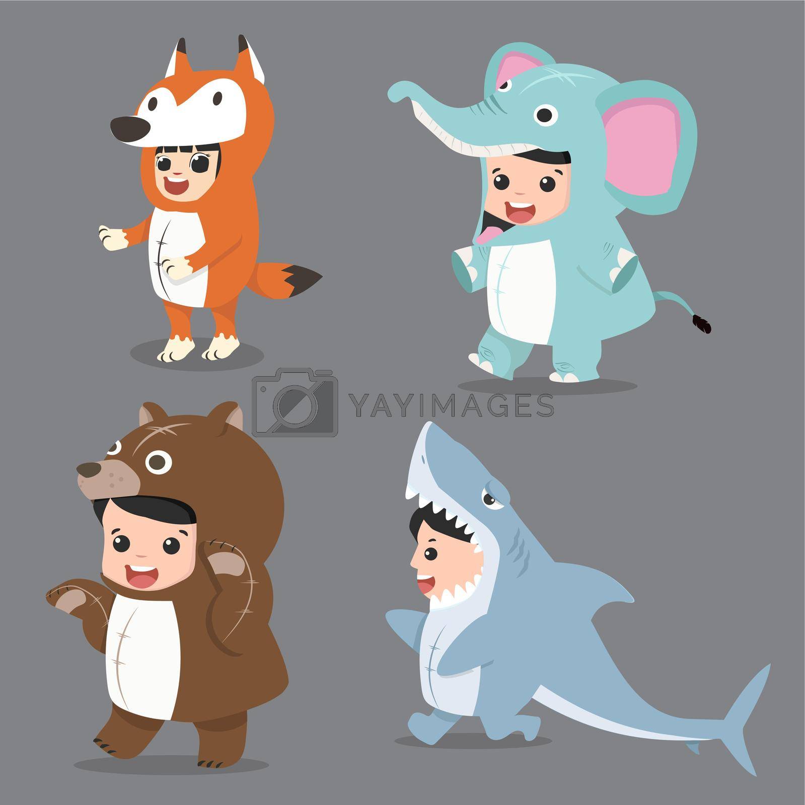 Set of cartoon kid characters in Animals costumes