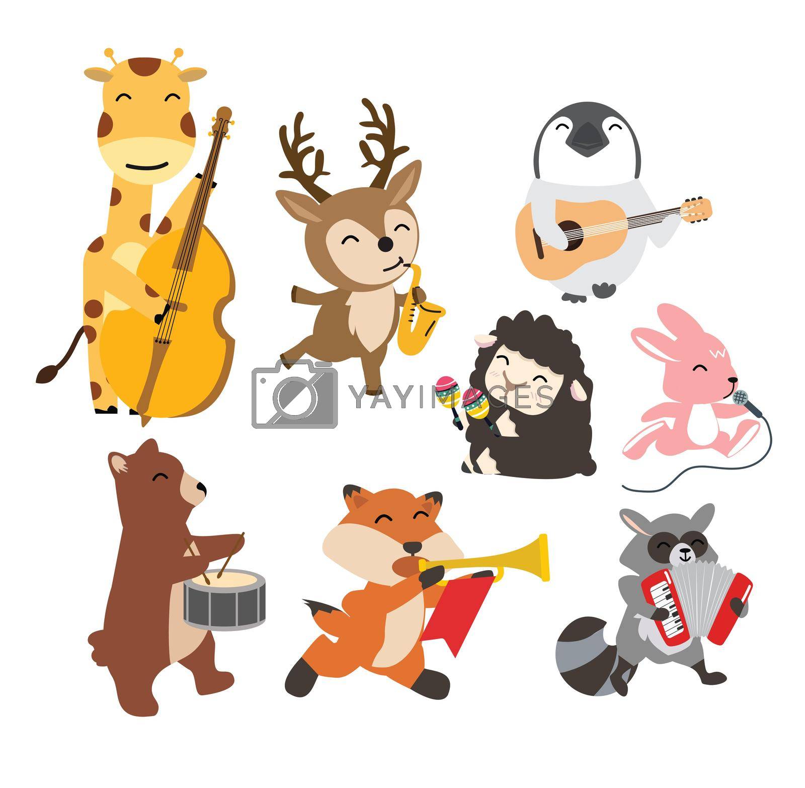 Set of animals cheerful playing music cartoon
