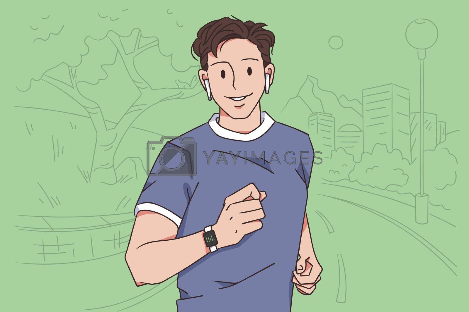 Healthy active lifestyle and sport concept. Young positive man cartoon character in fitness bracelet running jogging and listening to music in park vector illustration