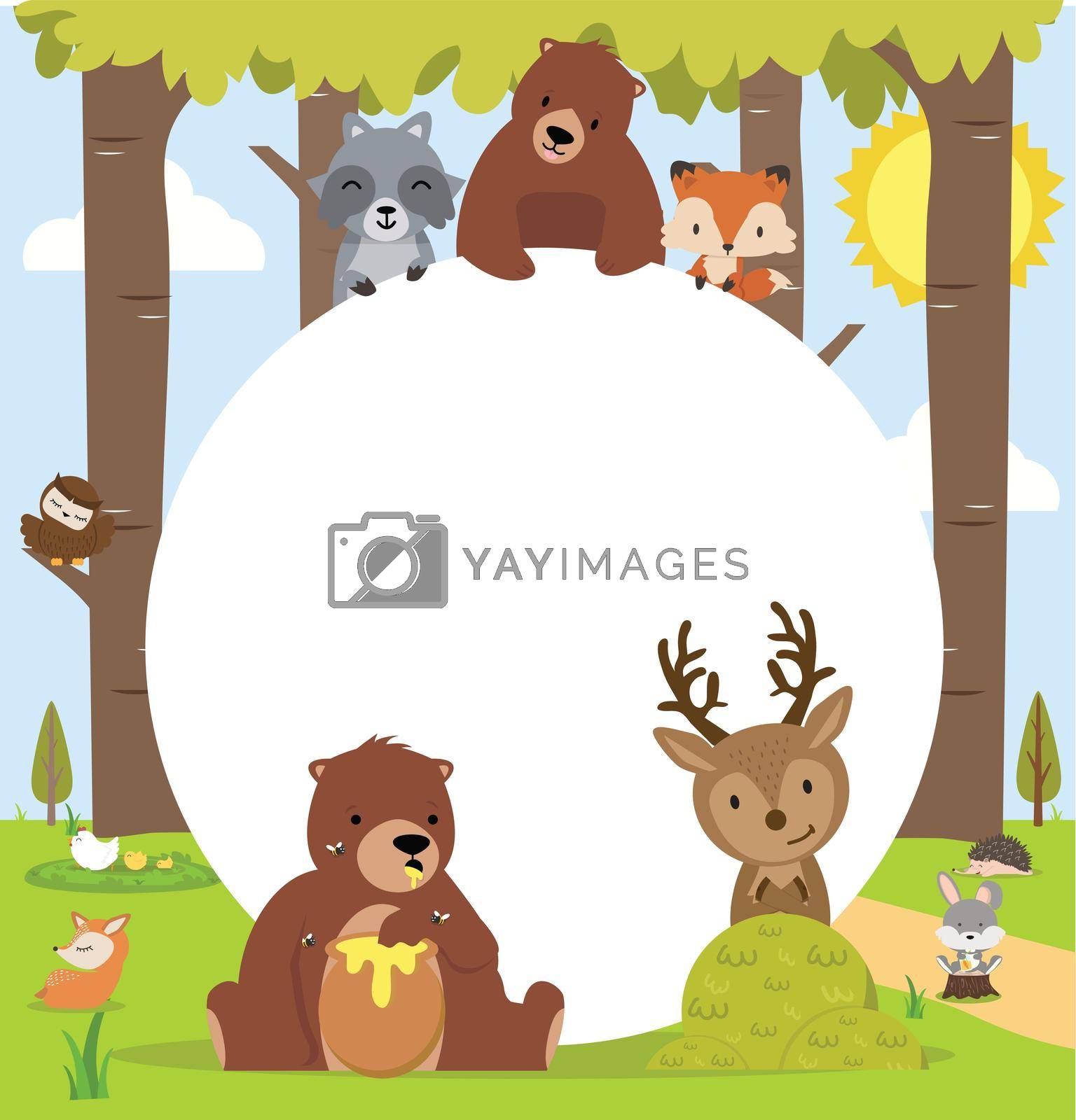 Cute woodland forest animals with copy space background