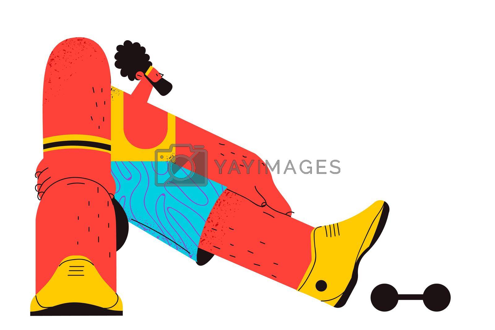 Active lifestyle, workout, sport concept. Young bearded man cartoon character standing and doing stretching exercises before training or running on stadium vector illustration