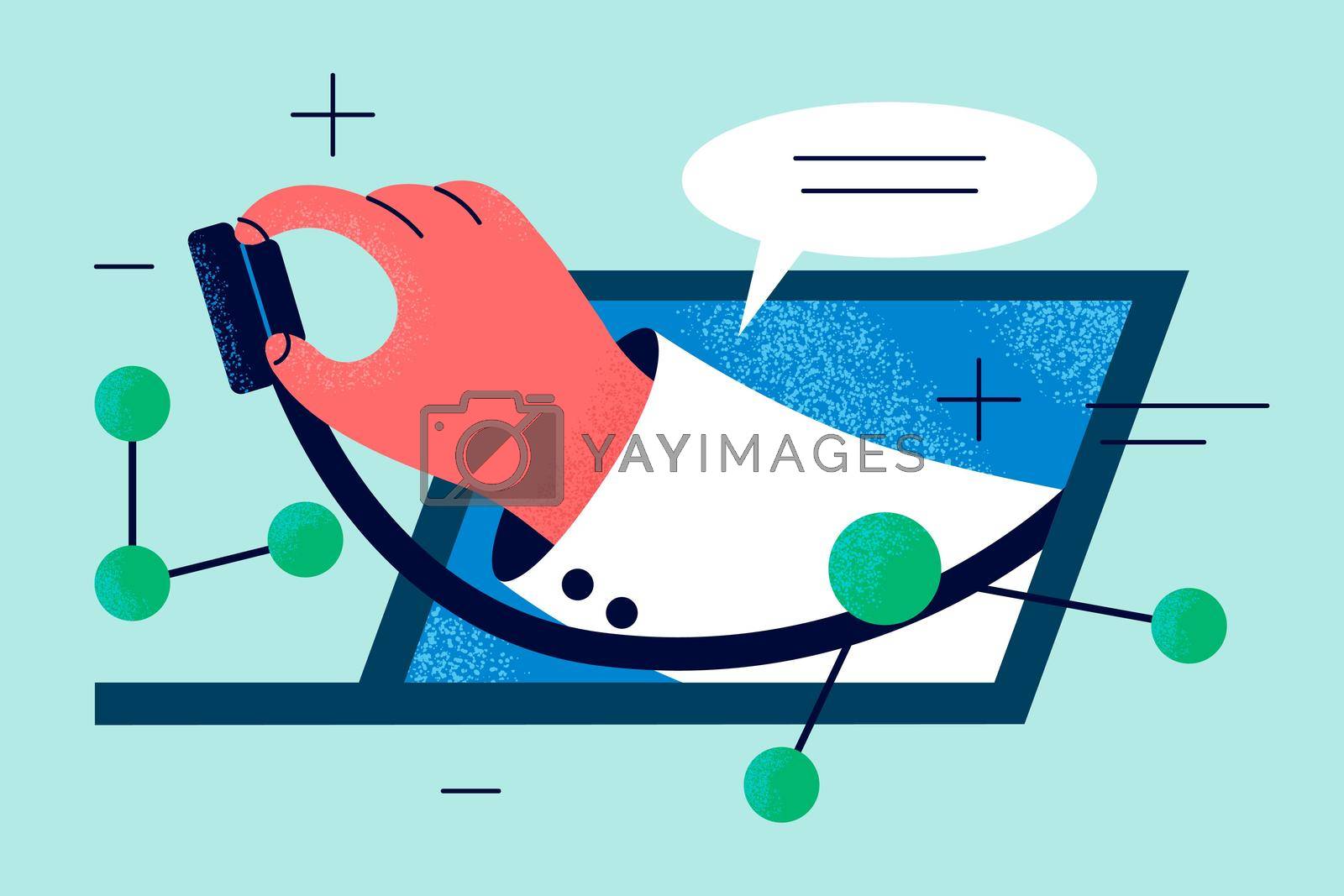 Online doctor, telemedicine, Virtual healthcare concept. Hand of doctor with stethoscope protruding from laptop screen to examine remote patient and make online consultation illustration