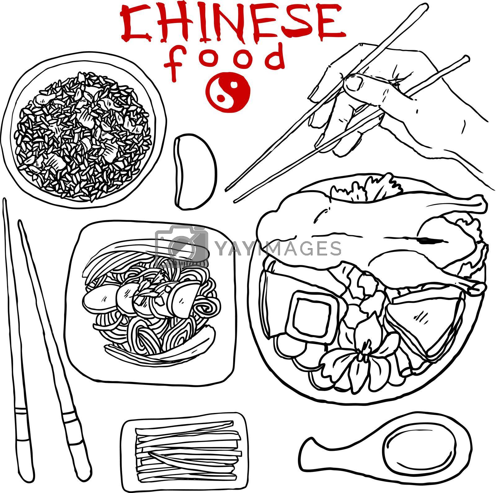 beautiful hand- drawn set of chinese food on the wite background