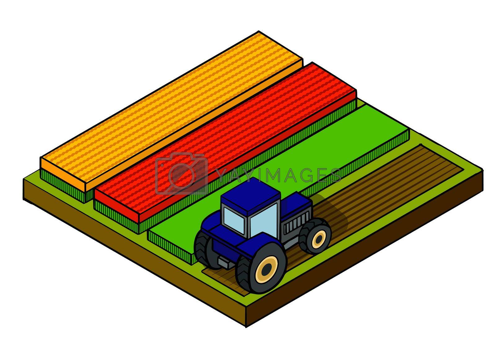 Royalty free image of Agricultural isometric composition with farm transport and cultivated lands, field with tulips isolated vector illustration by Olena_Mykhailenko