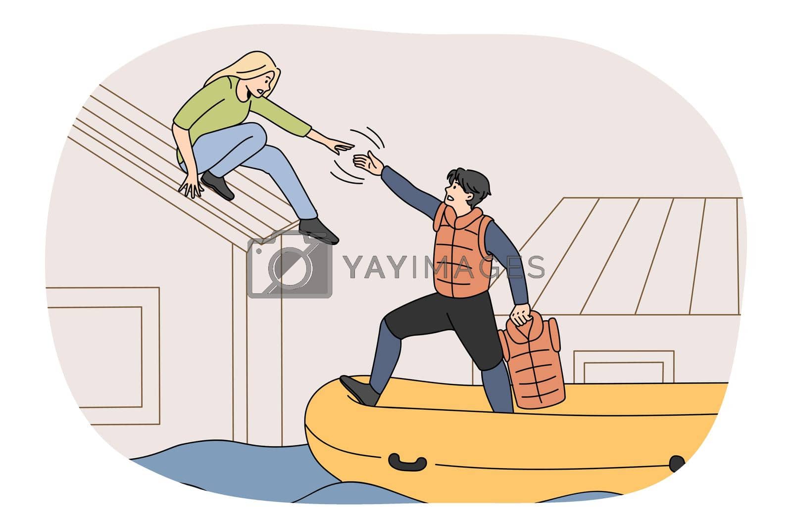 Rescuer on boat help people from flooded house during natural disaster in city. Professional helper give hand to stressed woman during deluge cataclysm. Waterflooding. Flat vector illustration.