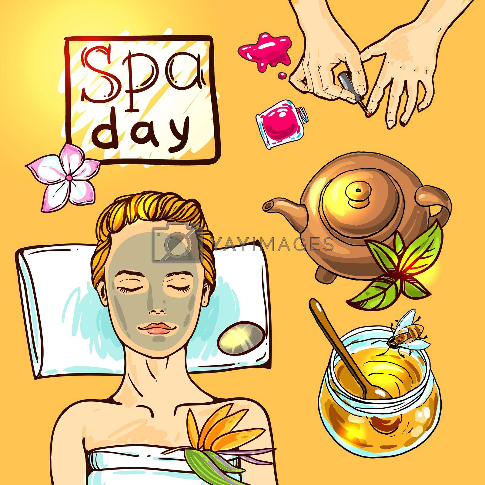 Beautiful vector hand drawn illustration spa. Spa woman gets relax with honey.