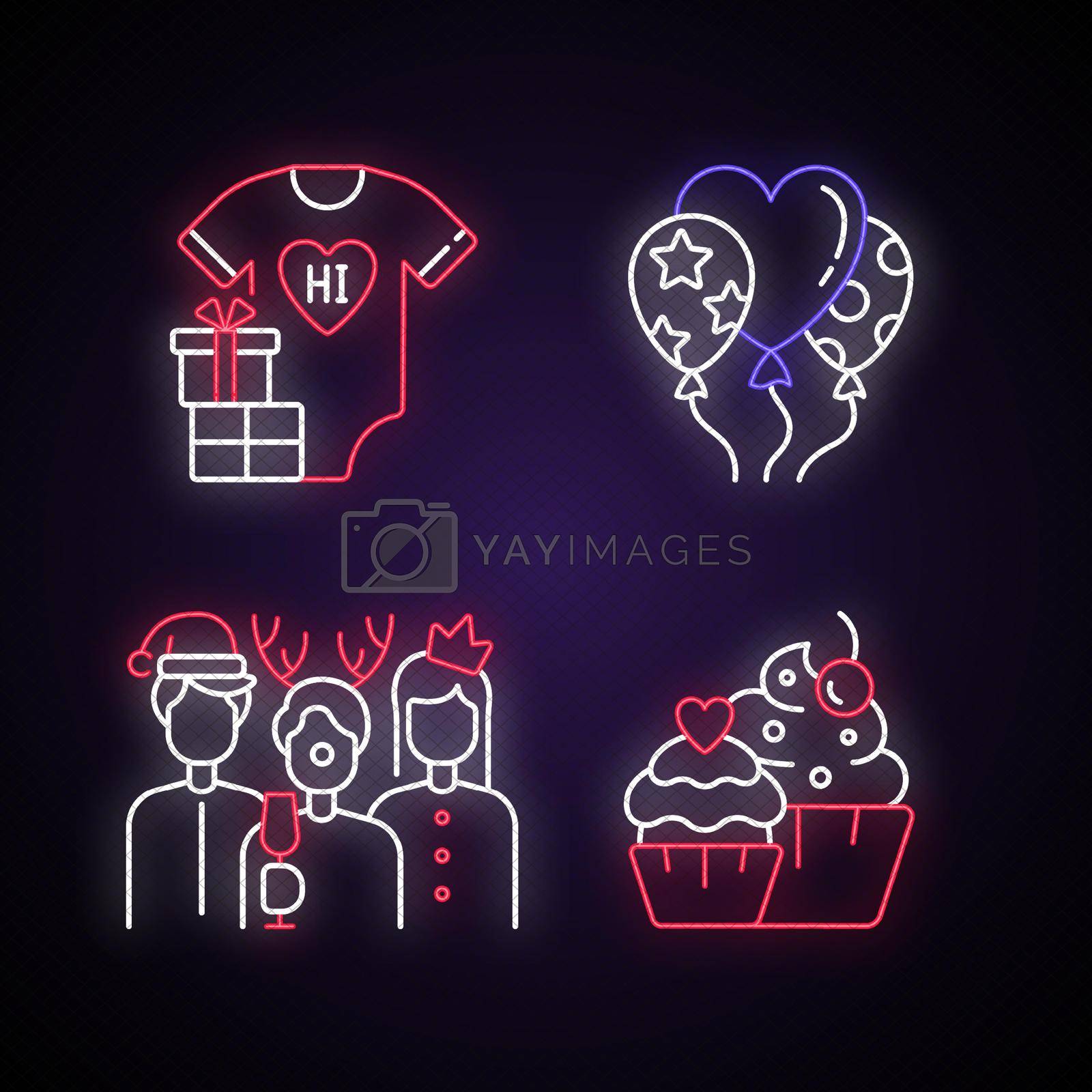 Family birthday celebration neon light icons set. Baby shower. Balloons for decoration. Muffins and cupcakes. Signs with outer glowing effect. Vector isolated RGB color illustrations