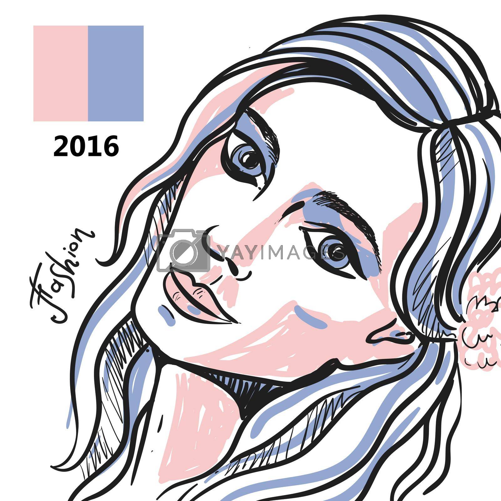 Beautiful hand drawn sketch vector fashion portrait of girl. Face of fashion girl. Hand drawn fashion illustration. Pantone 2016