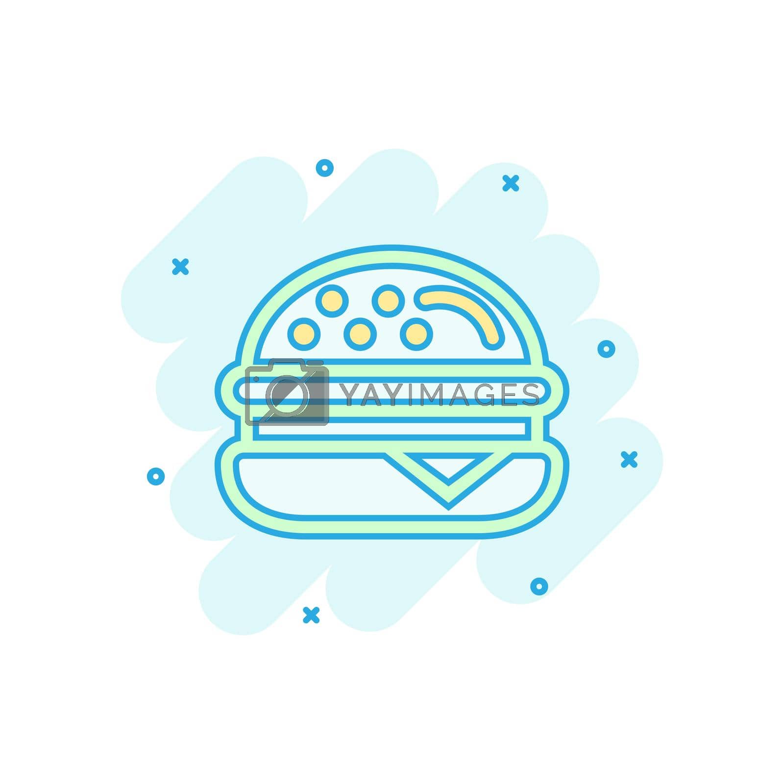 Royalty free image of Burger sign icon in comic style. Hamburger vector cartoon illustration on white isolated background. Cheeseburger business concept splash effect. by LysenkoA
