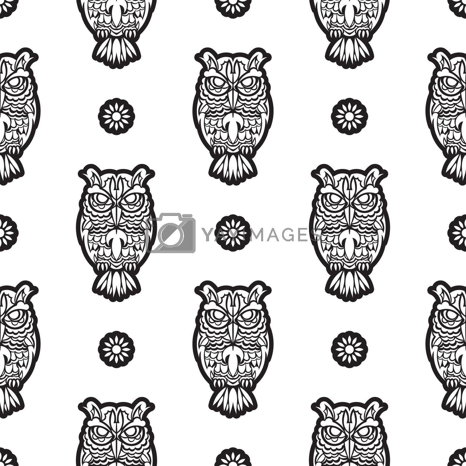 Black-white Seamless pattern of owls in boho style. Good for backgrounds and prints. Vector illustration.