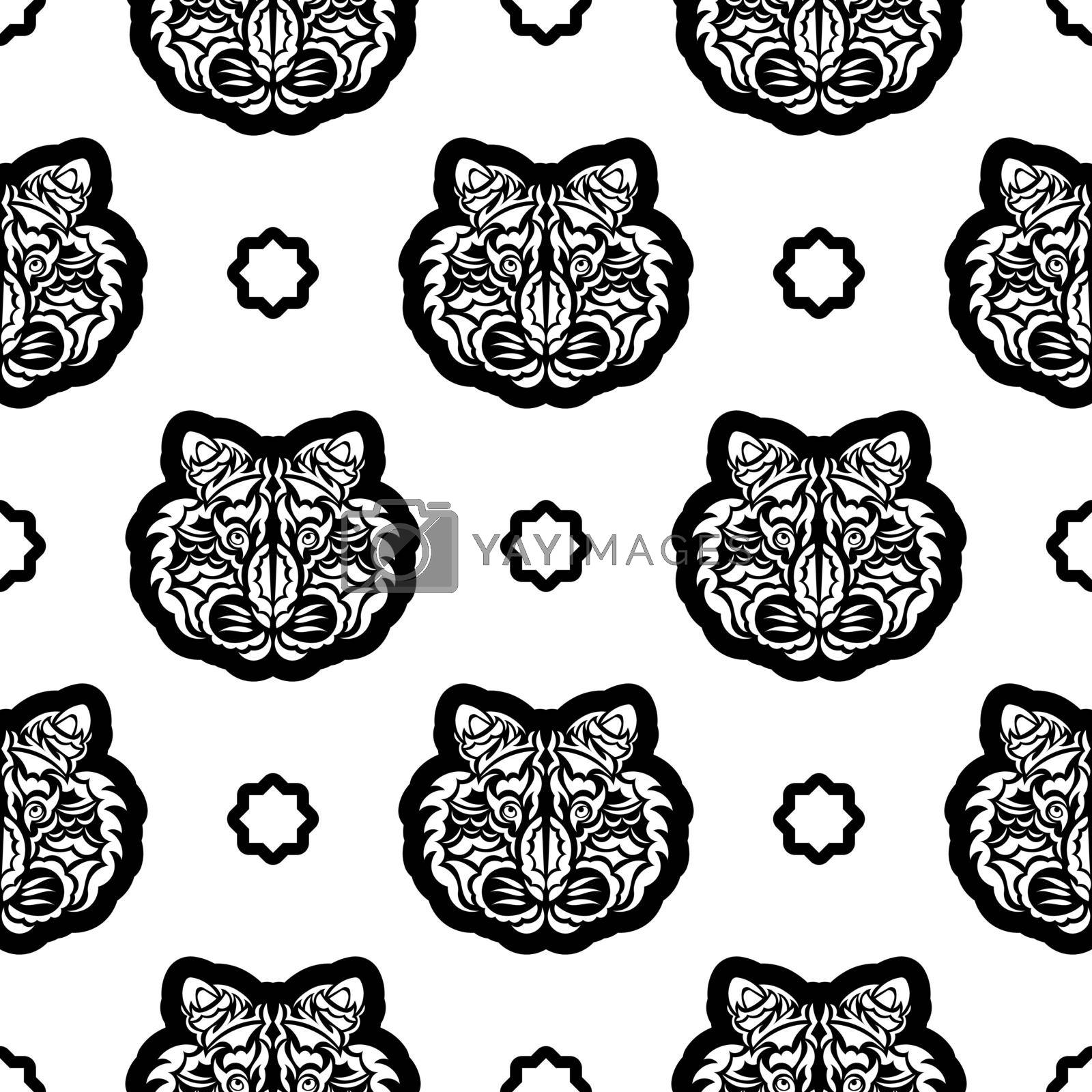 Black and white Seamless pattern with tiger face in Polynesian style. Good for garments, textiles, backgrounds and prints. Vector illustration.