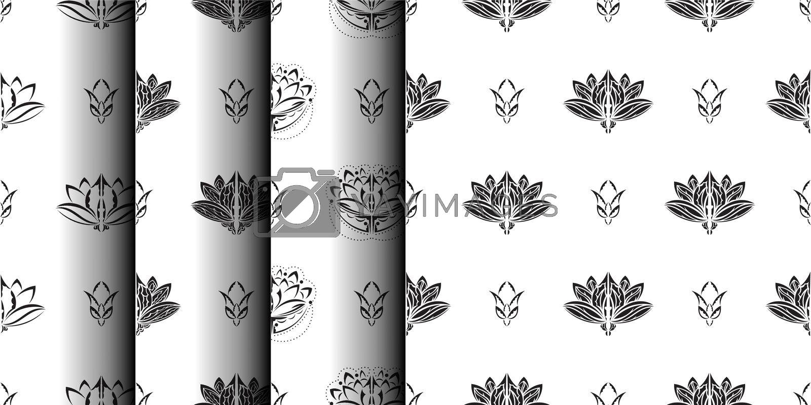 Set of Black and White Seamless Pattern with Lotuses in Simple Style. Good for backgrounds and prints. Vector illustration.