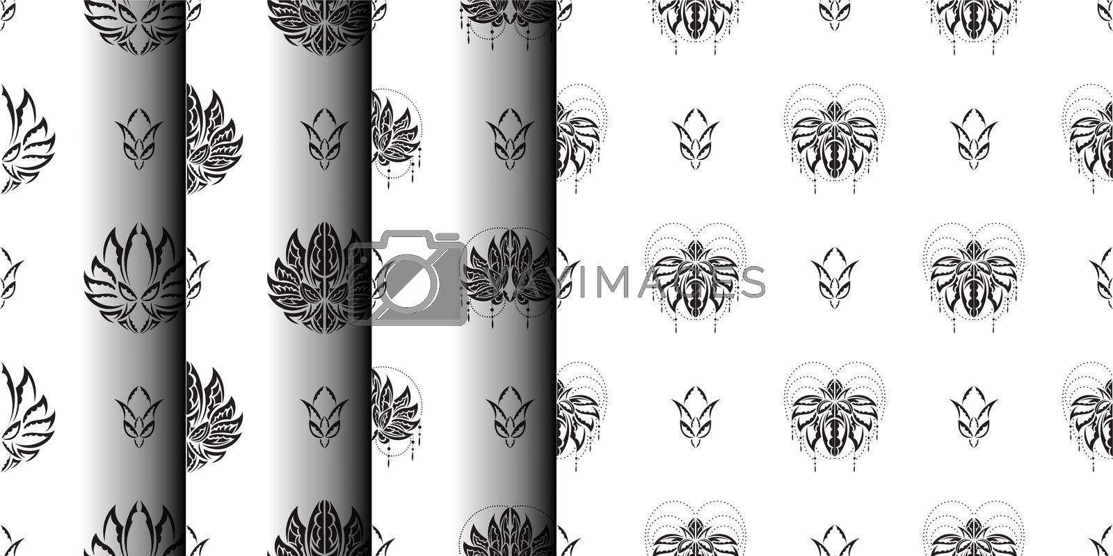 Set of Black and White Seamless Pattern with Lotuses in Simple Style. Good for backgrounds and prints. Vector illustration.