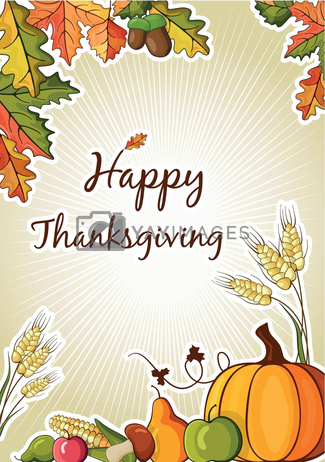 Happy Thanksgiving Day celebration flyer, banner or poster with pumpkins and autumn leaves on yellow background.
