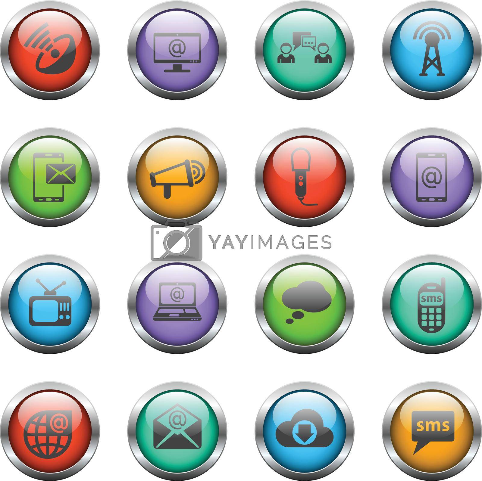 communication vector icons on color glass buttons