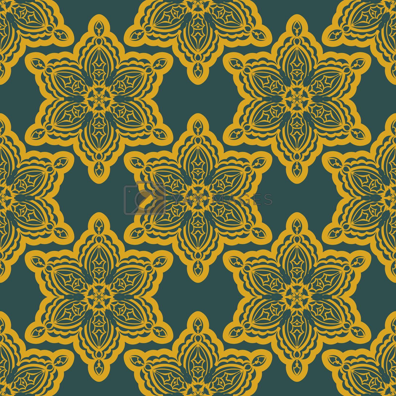 Green and yellow seamless pattern with vintage ornament. Good for clothing, textiles, backgrounds and prints. Vector illustration.
