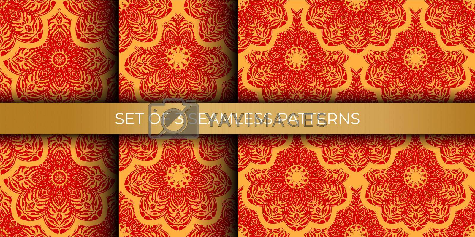 Set of red and yellow seamless pattern with vintage ornament. Good for clothing, textiles, backgrounds and prints. Vector illustration.