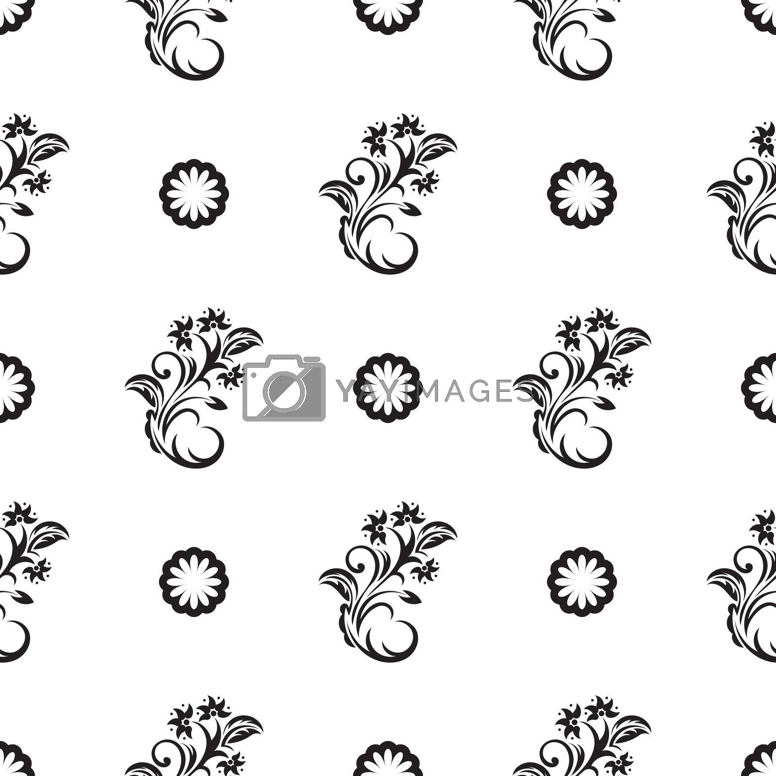 Seamless black and white pattern with flowers and monograms in Simple style. Good for backgrounds and prints. Vector illustration.