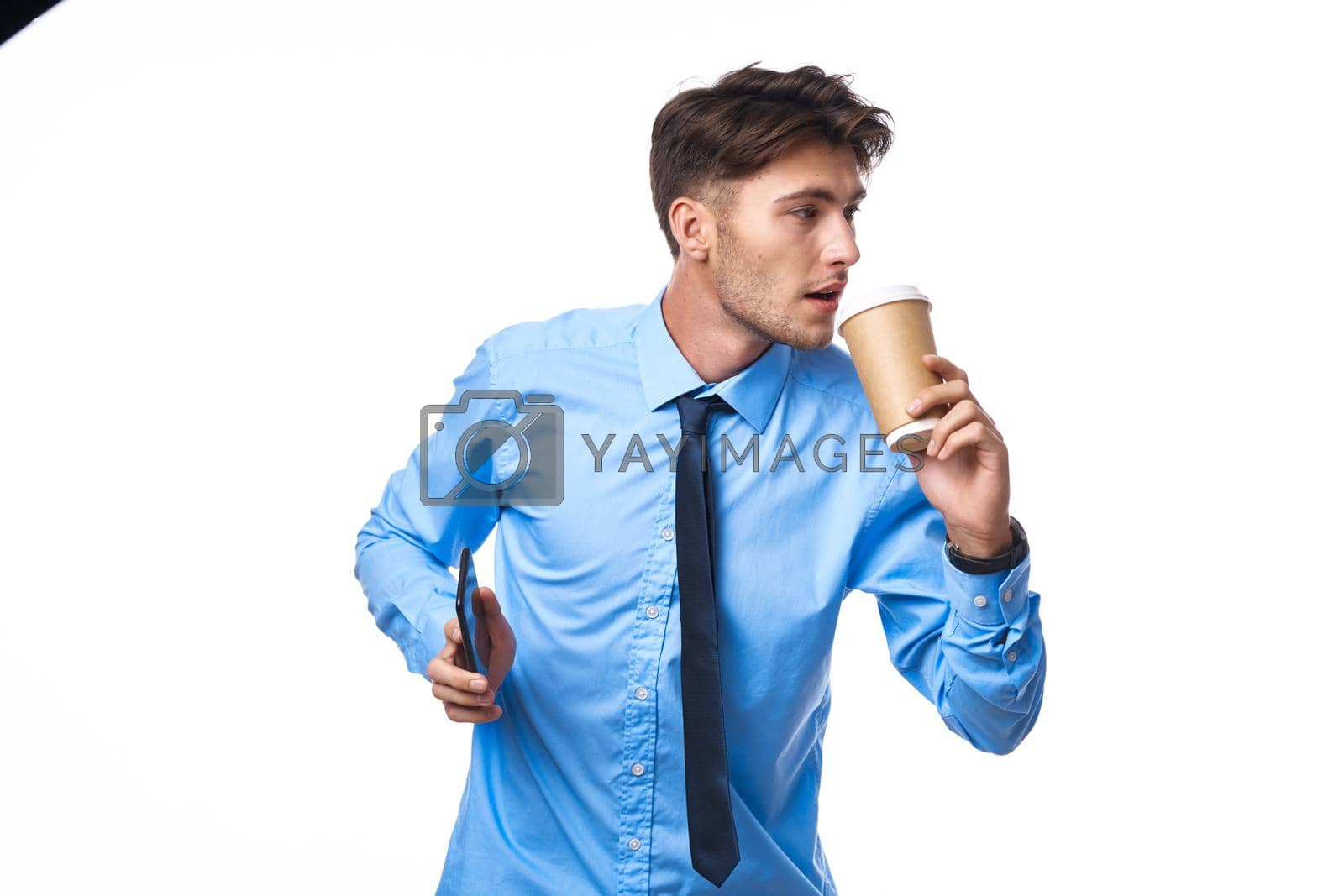 businessmen communication on the phone a cup of coffee isolated background. High quality photo