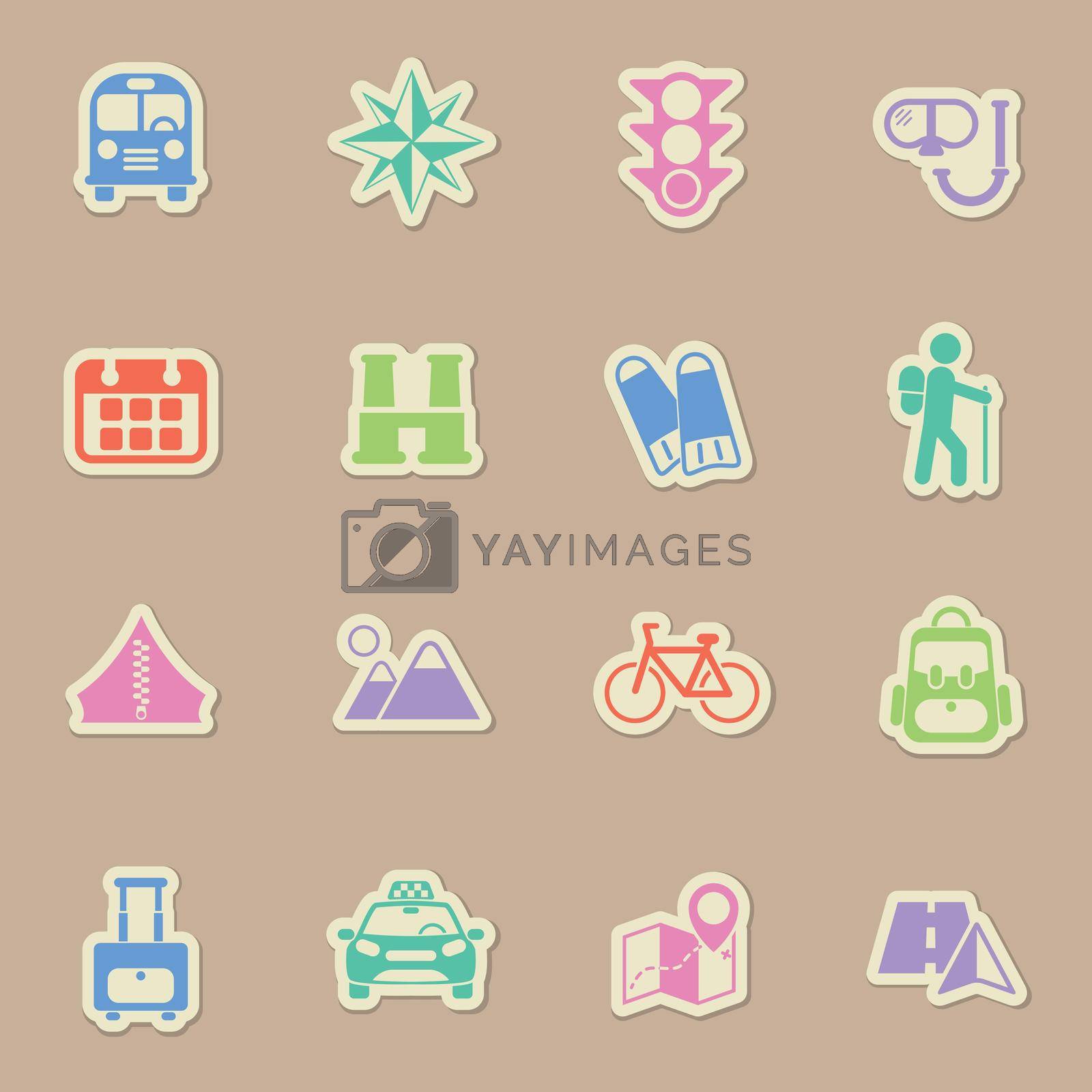 travel color vector icons on paper stickers