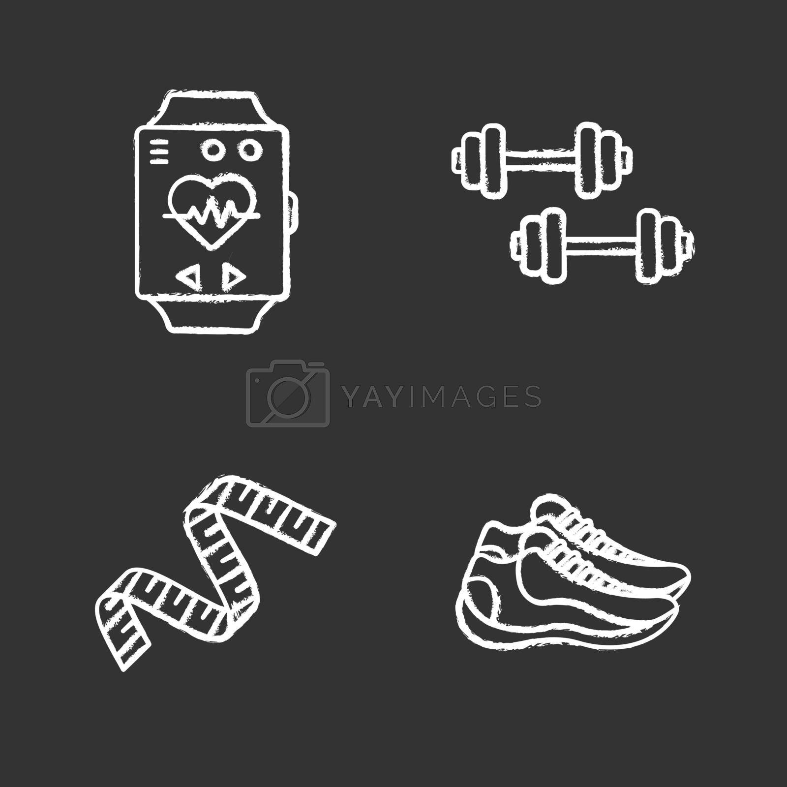 Fitness chalk icons set. Sport equipment. Dumbbells, measuring tape, sneakers, sport bracelet. Isolated vector chalkboard illustrations