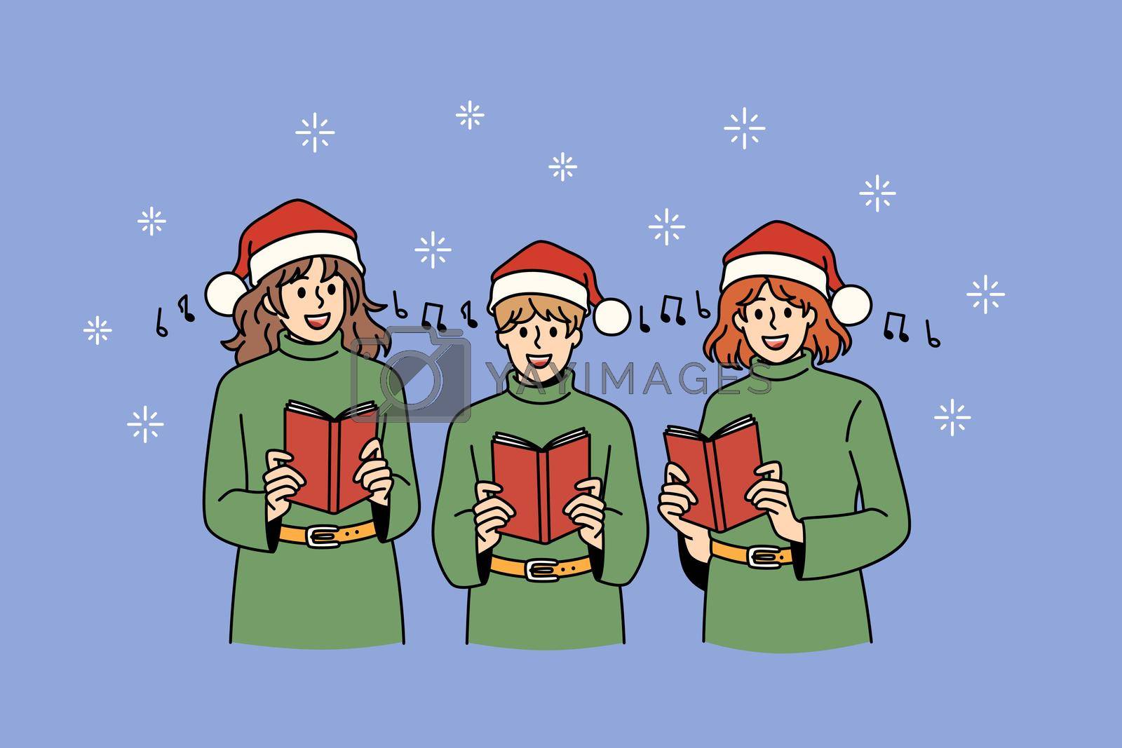 Gospel and Christmas celebration concept. Group of children teens in green sweaters and santa hats standing and singing traditional songs for holiday vector illustration
