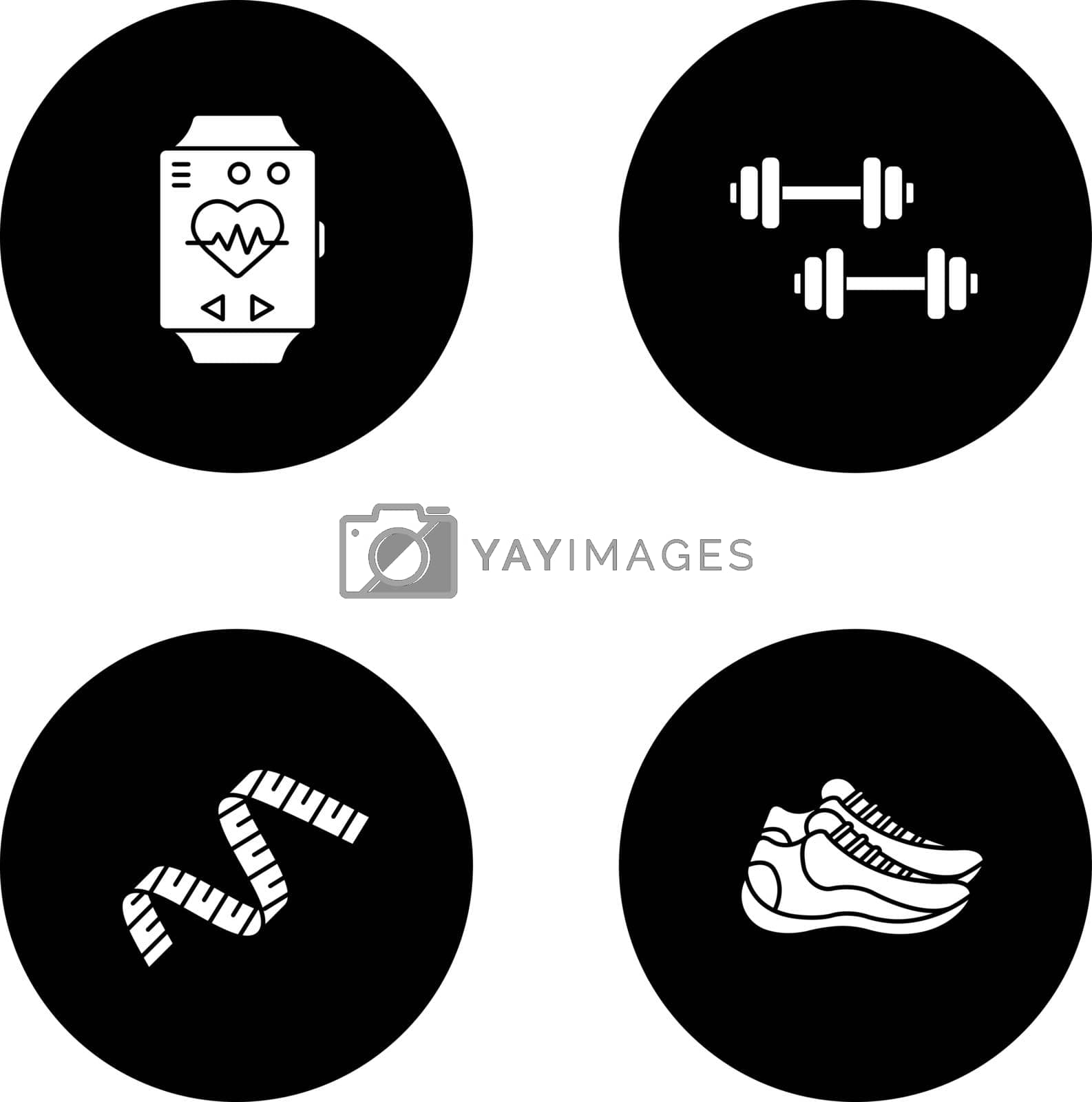 Fitness glyph icons set. Sport equipment. Dumbbells, measuring tape, sneakers, sport bracelet. Vector white silhouettes illustrations in black circles