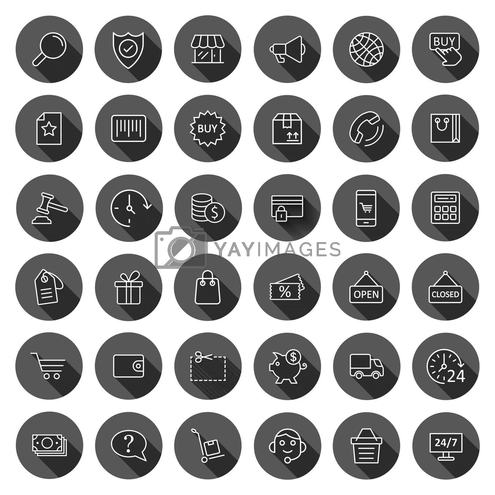 Royalty free image of Shopping icon set in flat style. Online commerce vector illustration on black round background with long shadow effect. Market store circle button business concept. by LysenkoA
