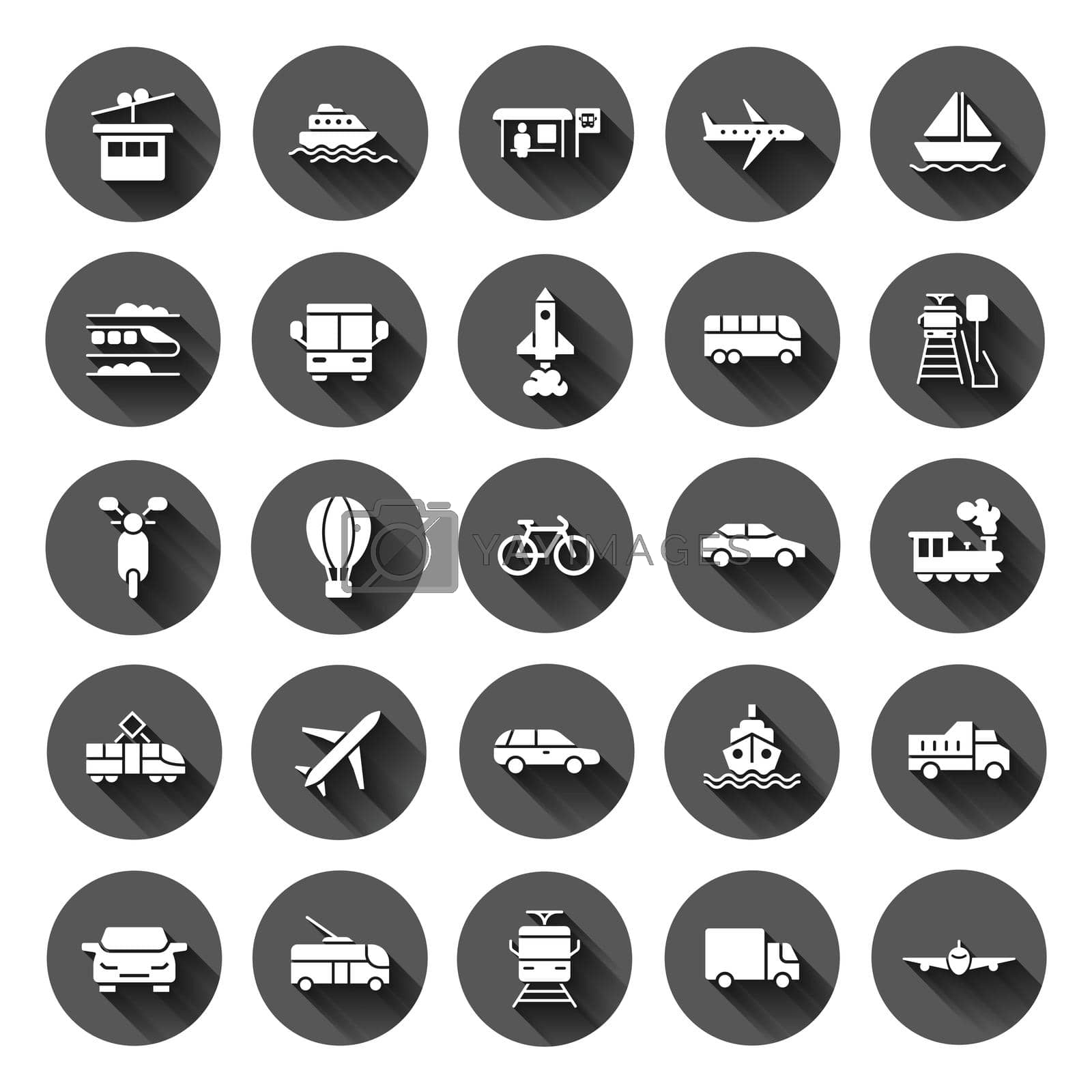 Transport icon set in flat style. Car vector collection illustration on black round background with long shadow effect. Shipping transportation circle button business concept.