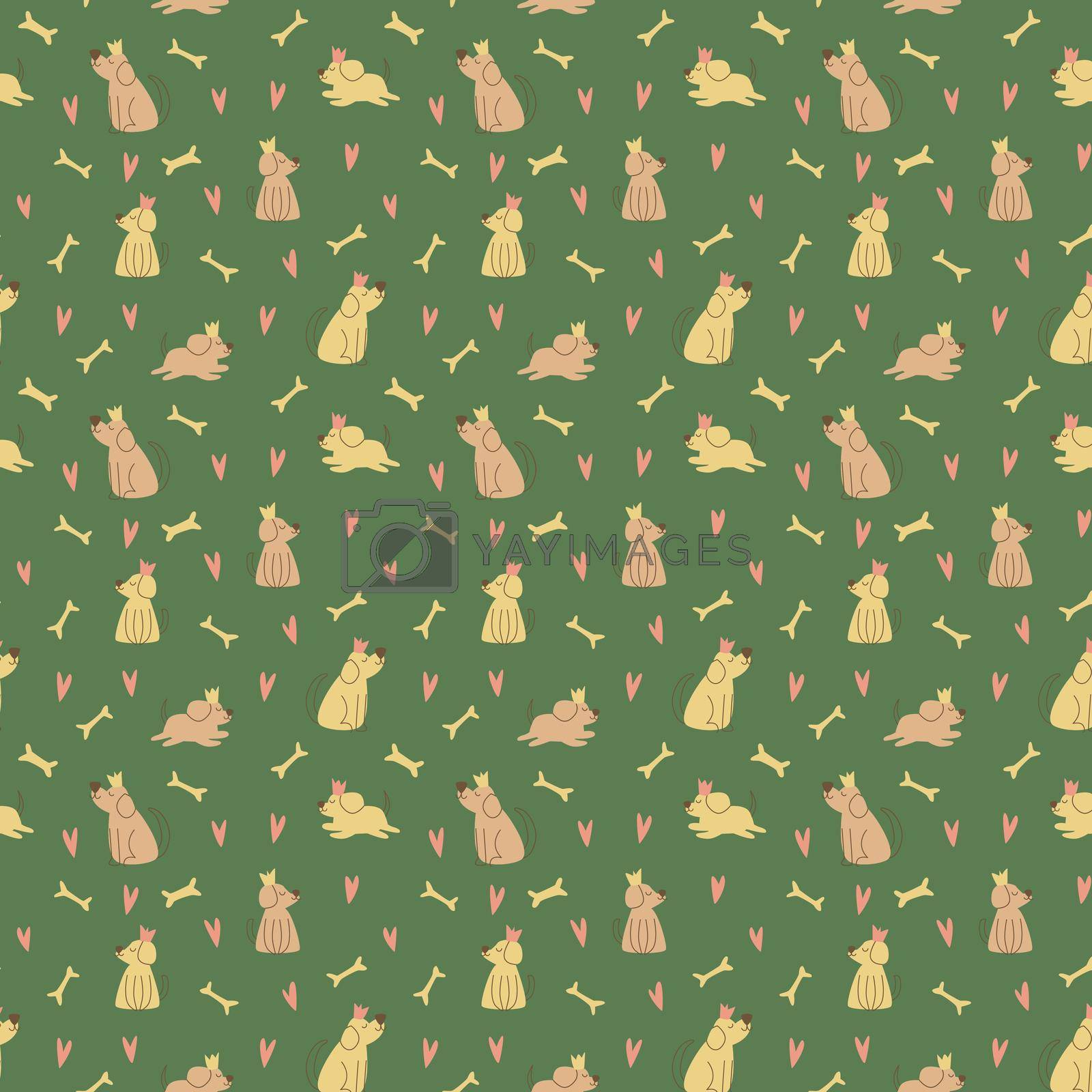 Vector seamless pattern. Cute dogs with crowns and bones. Pets, paws, ears, nose. Funny animals in cartoon style. Cheerful pets for printing in fabric and paper, social media posts and banners