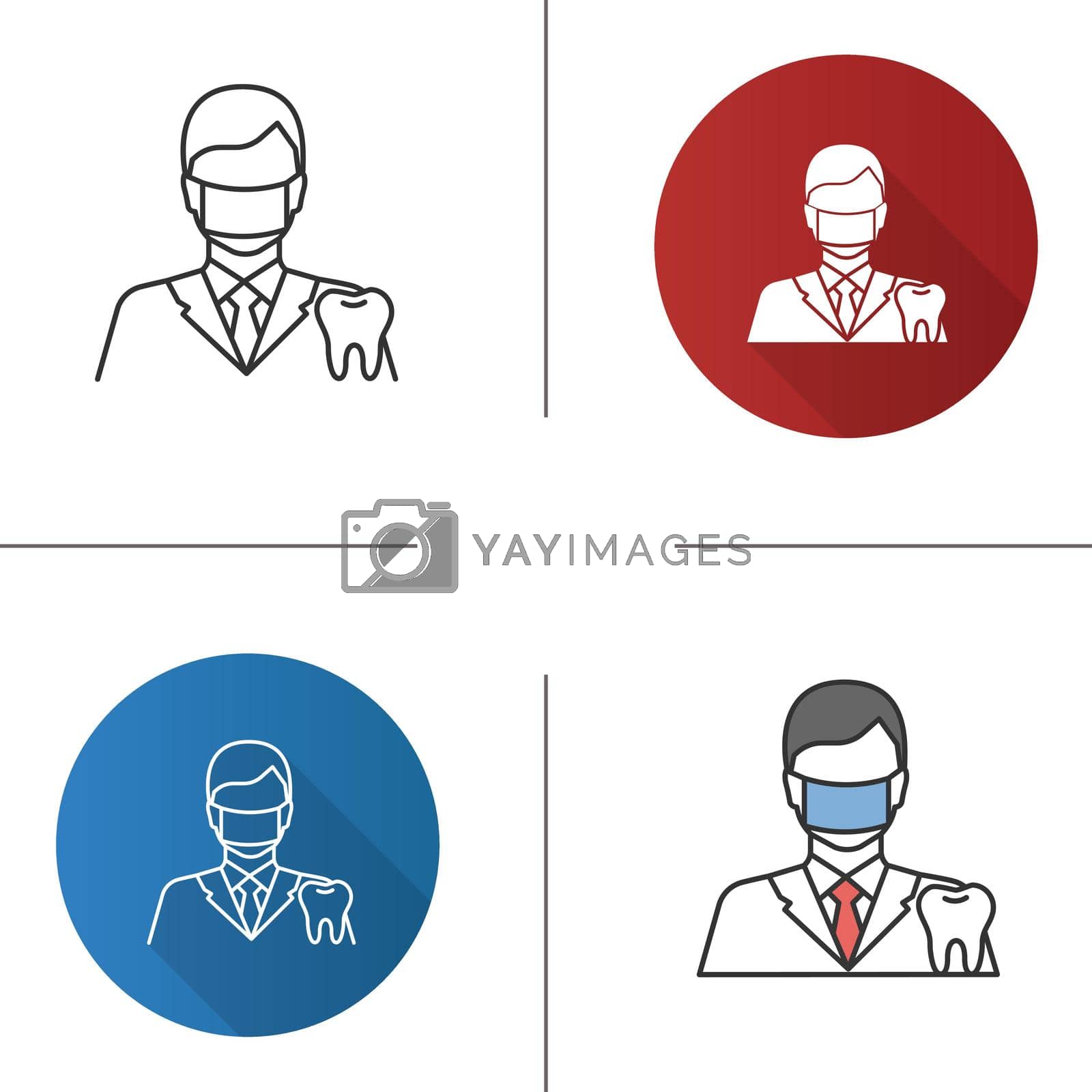 Dentist icon. Dental specialist. Man in surgical face mask with tooth. Flat design, linear and color styles. Isolated vector illustrations