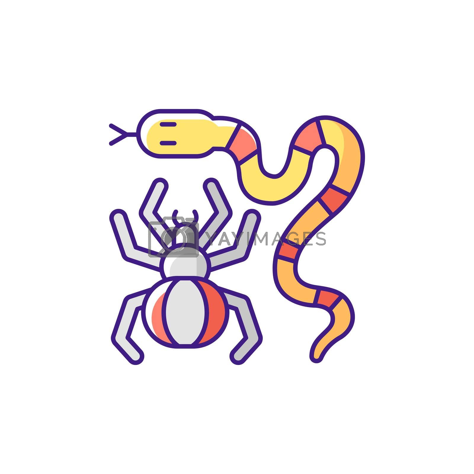 Dangerous animals RGB color icon. Exotic pets. Poisonous snakes and venomous spiders. Wild and potentially dangerous animals. Cobras, vipers and rattlesnakes. Isolated vector illustration