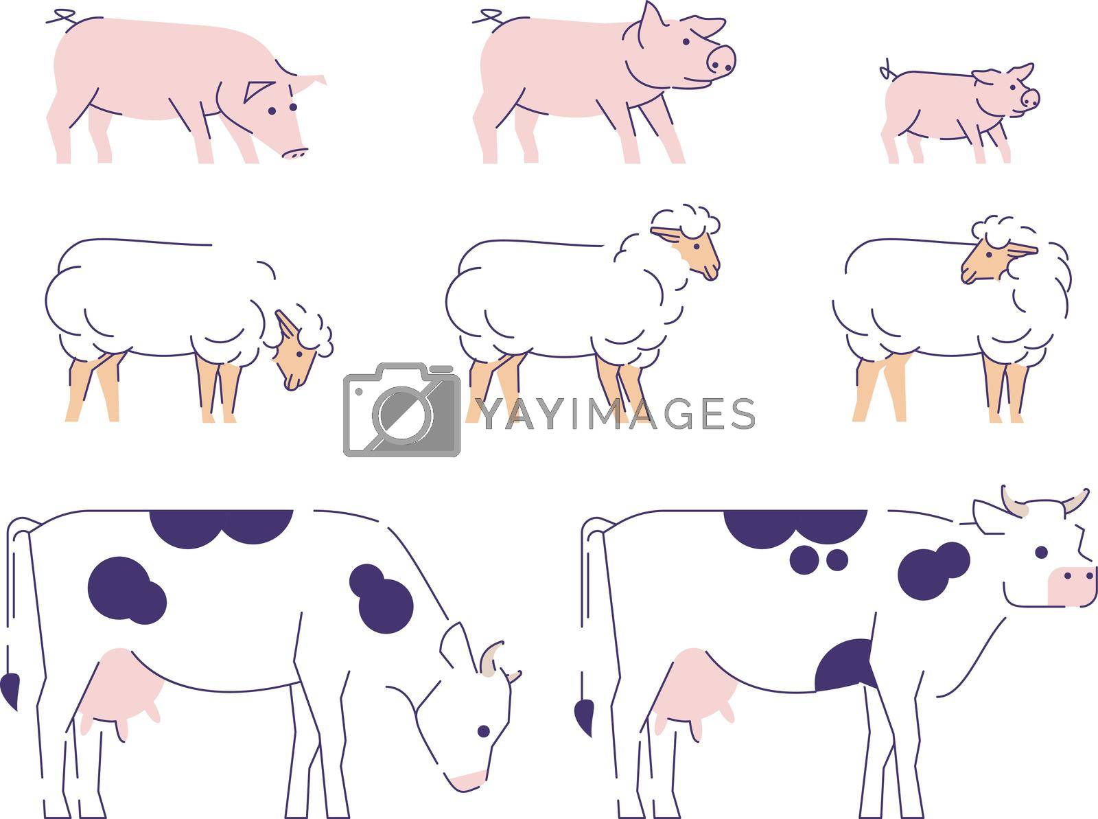 Agricultural animals flat vector illustration. Livestock farming, domestic animals husbandry design elements with outline. Cows, sheeps and pigs side view isolated on white background