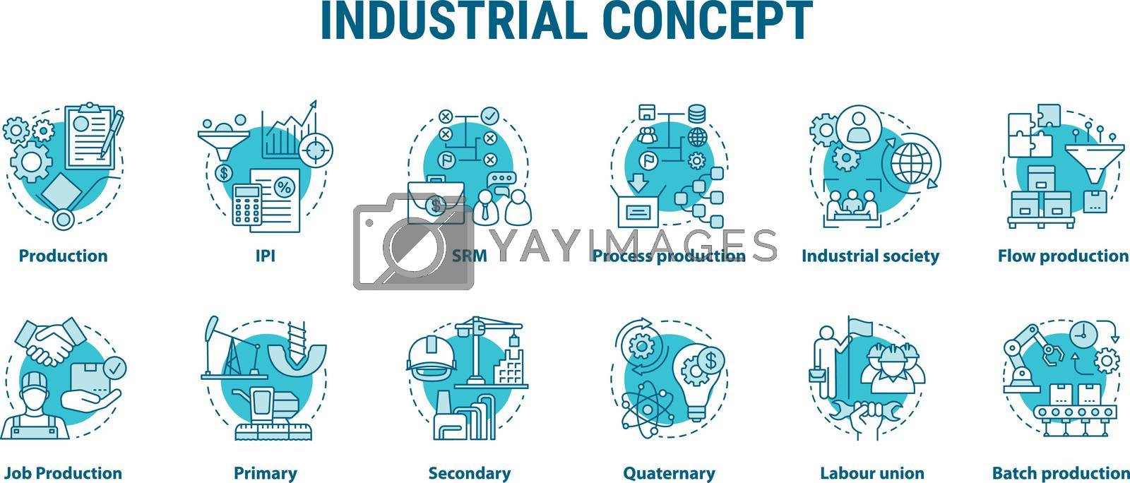 Royalty free image of Industrial blue concept icons set. Economy segment idea thin line illustrations. Primary, secondary industry. Batch production, labour union. Vector isolated outline drawings. Editable stroke by bsd